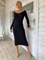 Rib-Knit Elegant Black Women Sweater Dresses 6941