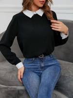 Collar Preppy Black Long Sleeve Women Tops, Blouses  Tee 1006