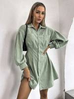 Plain Long Sleeve Short Collar Women Dresses 7570