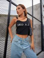 Asymmetrical Neck Letter Crop Women Clothing 230