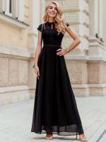 Maxi Contrast Lace Black Stand Collar Women Dresses 2129