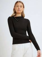 Black Button Long Sleeve Women Tops, Blouses  Tee 125