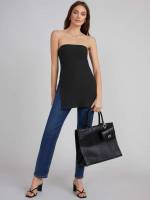 Split Plain Black Regular Women Tops, Blouses  Tee 908