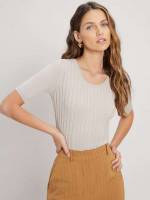 Plain Round Neck Rib-Knit Women Knit Tops 502