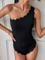 Black Sleeveless Scallop One Shoulder Women Jumpsuits  Bodysuits 752