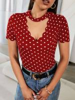 Casual Regular Polka Dot Scallop Women Tops, Blouses  Tee 3232