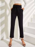 Casual Belted Plain Black Women Pants 2132