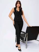 Regular Fit Double Button Shawl Collar Black Women Suit Sets 4592
