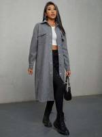 Long Button Front Regular Fit Black Women Overcoats 129