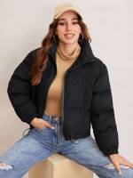 Plain Black Regular Fit Regular Women Winter Coats 6028