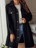 Button Front Collar Elegant Black Women Overcoats 187