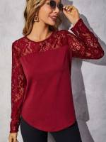 Black Contrast Lace Round Neck Women Tops, Blouses  Tee 1587