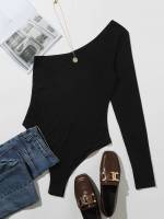 Plain Rib-Knit Long Sleeve Skinny Women Jumpsuits  Bodysuits 961