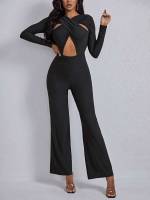 Cut Out V neck Long Sleeve Regular Fit Women Jumpsuits  Bodysuits 120