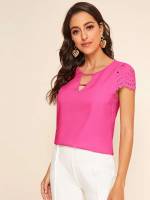 Keyhole Neckline Plain Cap Sleeve Women Blouses 483