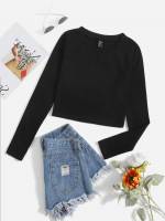 Black Crop Slim Fit Plain Women Tops, Blouses  Tee 6840