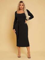 Long Sleeve Midi Plain Scoop Neck Women Dresses 918