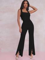 Black Long Split Square Neck Women Jumpsuits  Bodysuits 6046