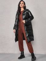 Zipper Knee Length Regular Fit Black Women Outerwear 3552