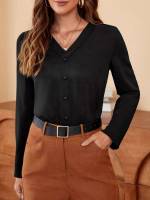 Regular Fit Plain Black Long Sleeve Women Tops, Blouses  Tee 5138