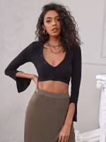  Scoop Neck Long Sleeve Black Women Tops 2134