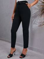  Belted Black Cropped Women Suit Pants 3394