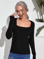 Long Sleeve Plain Square Neck Women Knitwear 9130