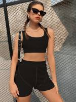 Sleeveless Black Scoop Neck Sporty Women Clothing 508