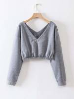 Long Sleeve Regular Fit Crop V neck Women Sweatshirts 895