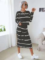 Regular Fit Round Neck Striped Casual Women Two-piece Outfits 9523