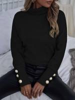 Regular Casual Black Funnel Neck Women Knitwear 7249