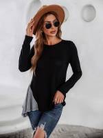 Black Colorblock Round Neck Regular Fit Women Clothing 3389