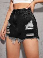 Black  Cropped Women Denim Shorts 4226