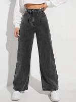 Long Plain Black Button Women Jeans 5282