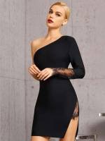 Slim Fit Contrast Lace Elegant One Shoulder Women Dresses 942