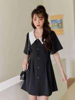 Peter Pan Collar Regular Fit Short Sleeve Black Women Dresses 540