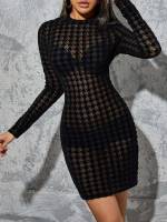 Houndstooth Slim Fit Sheer Women Dresses 191