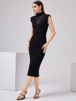 Stand Collar Black Plain Elegant Women Dresses 97