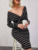 Black Striped Slim Fit V neck Women Dresses 577