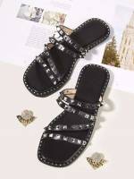 Studded Plain Black Women Flat Sandals 9282