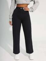 Button Loose Plain Women Jeans 2997