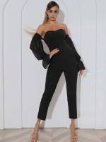 Black Capris Ruffle Plain Women Jumpsuits 8029