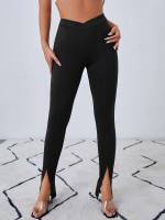  Black Contrast Faux Fur Long Women Leggings 80