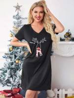 Short Sleeve Cute Black Women Nightgowns  Sleepshirts 9535