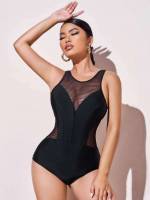 Plain Contrast Mesh Sporty Women Beachwear 4793