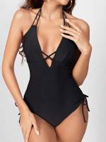 Criss Cross Sexy Black Plain Women One-Pieces 6240