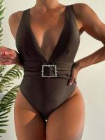 Plunge Neck Elegant Black Belted Women One-Pieces 885