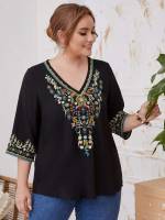 V neck Three Quarter Length Sleeve Boho Floral Plus Size Blouses 190