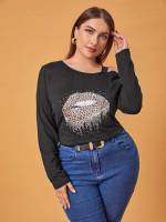 Regular Fit Asymmetrical Neck Long Sleeve Black Plus Size T-shirts 4586