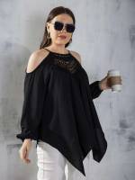 Black Long Asymmetrical Regular Fit Plus Size Blouses 8888